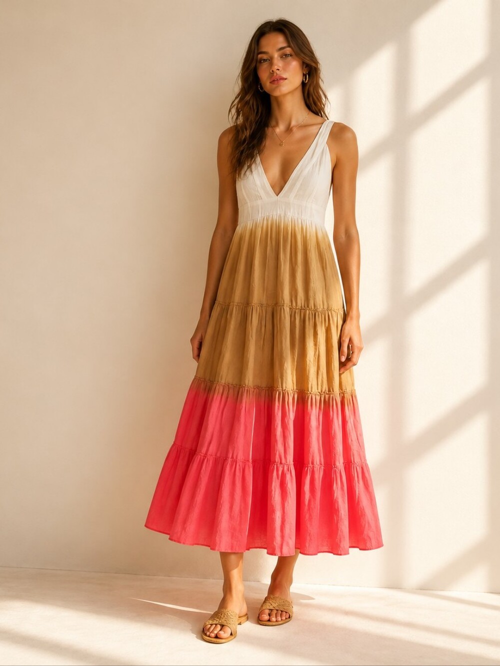 Area Stars White Brown Ombre Maxi Dress Pink Tiered Prairie Boho Empire Size XS